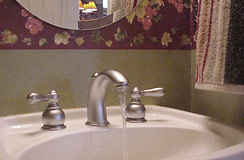 "This half bath features a beveled oval mirror, hand painted walls, custom magazine rack, designer hardware...
